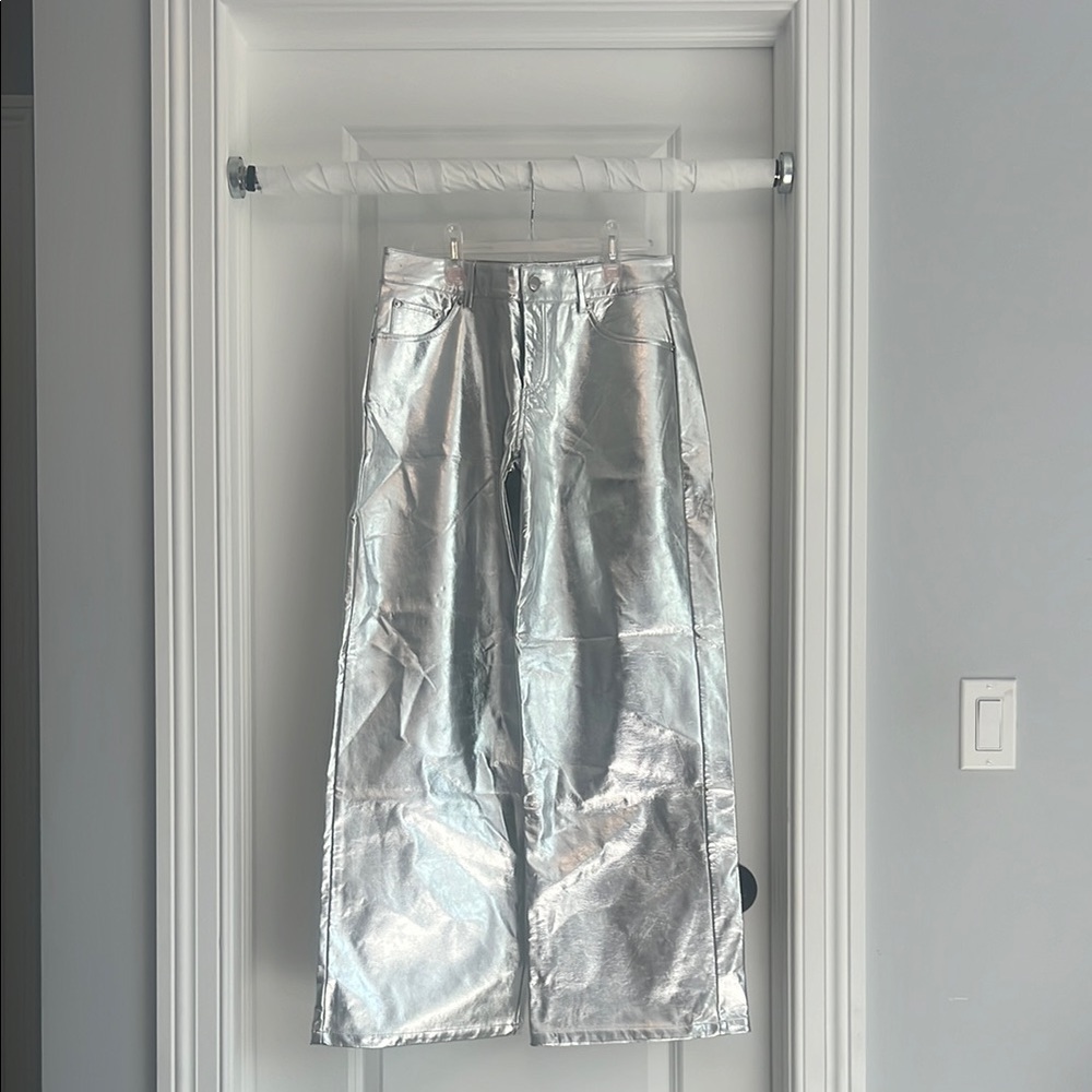 Silver Metallic Wide-Leg Pants